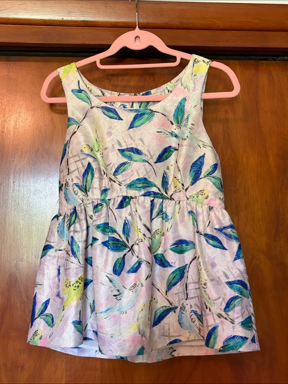 Leifsdottir Peplum top with Blue & Green Leaf Print. Brought from Anthropologie